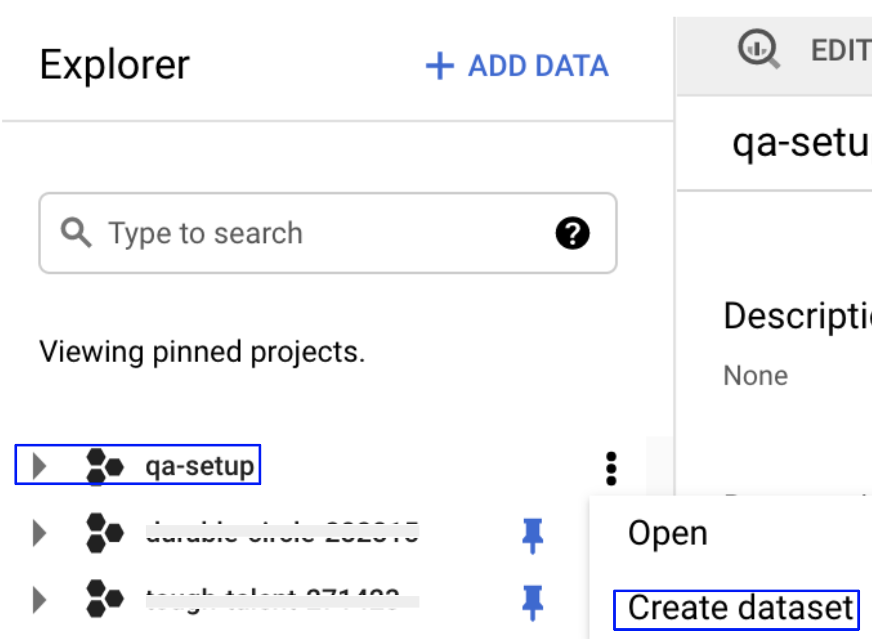 Creating a dataset in the GCP console.